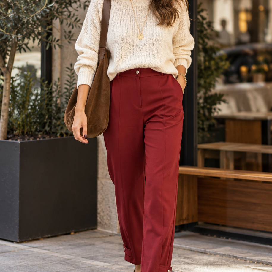 Bordo Çıtçıt Detaylı Kalem Pantolon