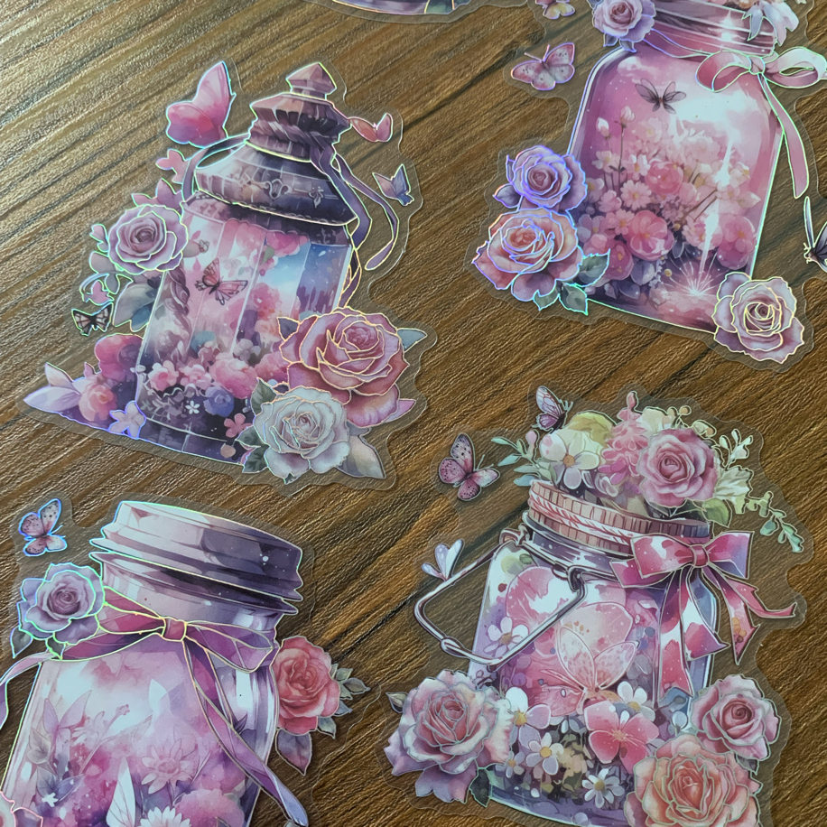 Floral Big Jars Hologramlı Pet Stickers | Bullet Journal Malzemeleri