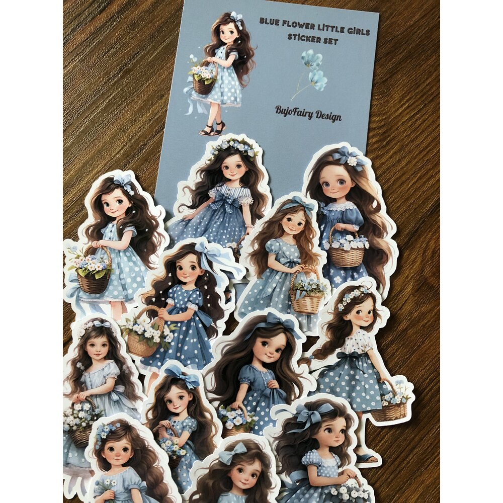 Blue Floral Little Girl Sticker Seti | Bullet Journal Malzemeleri