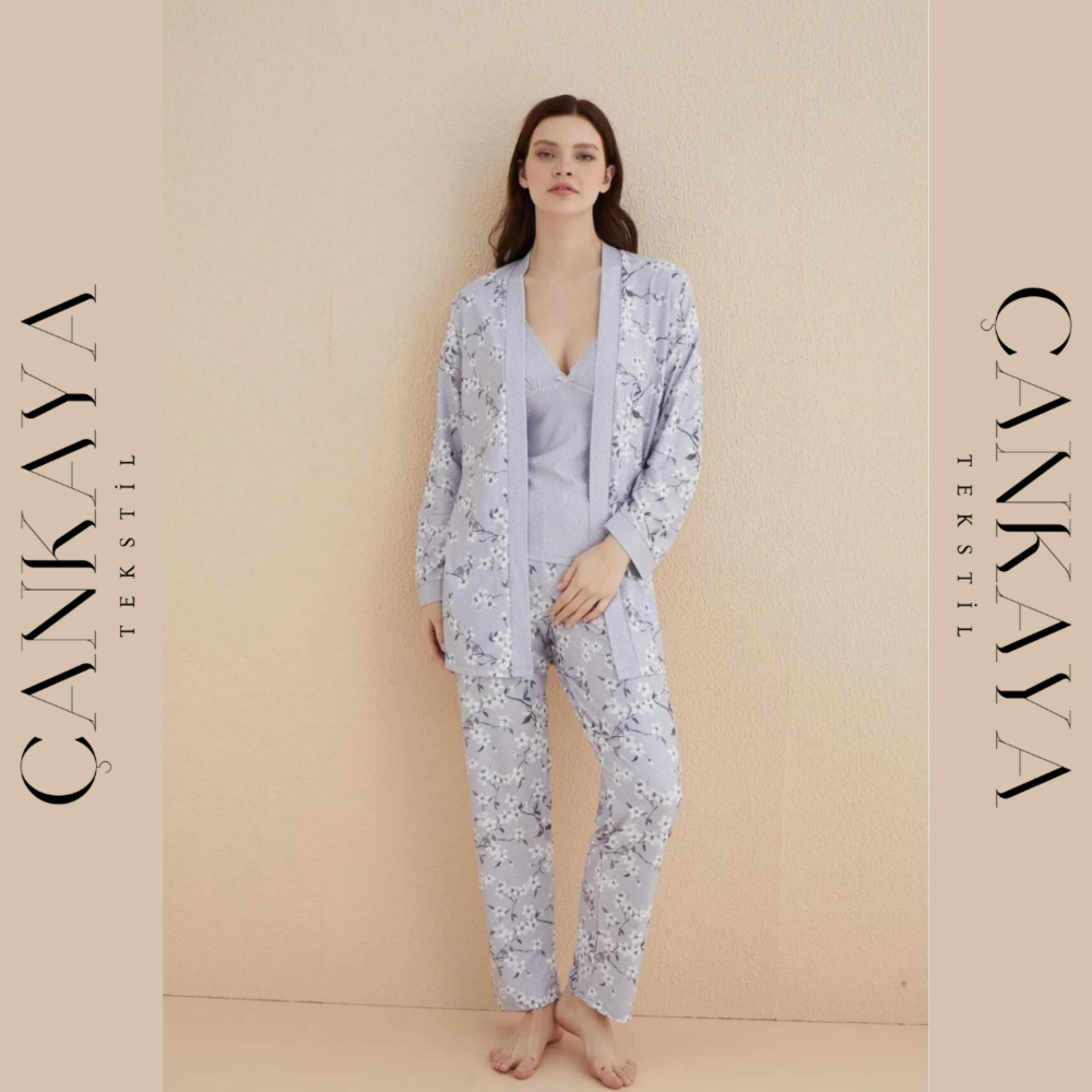  Yeni Sezon Gri Desenli Bayan Pijama Takımı