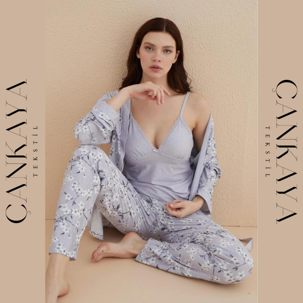  Yeni Sezon Gri Desenli Bayan Pijama Takımı