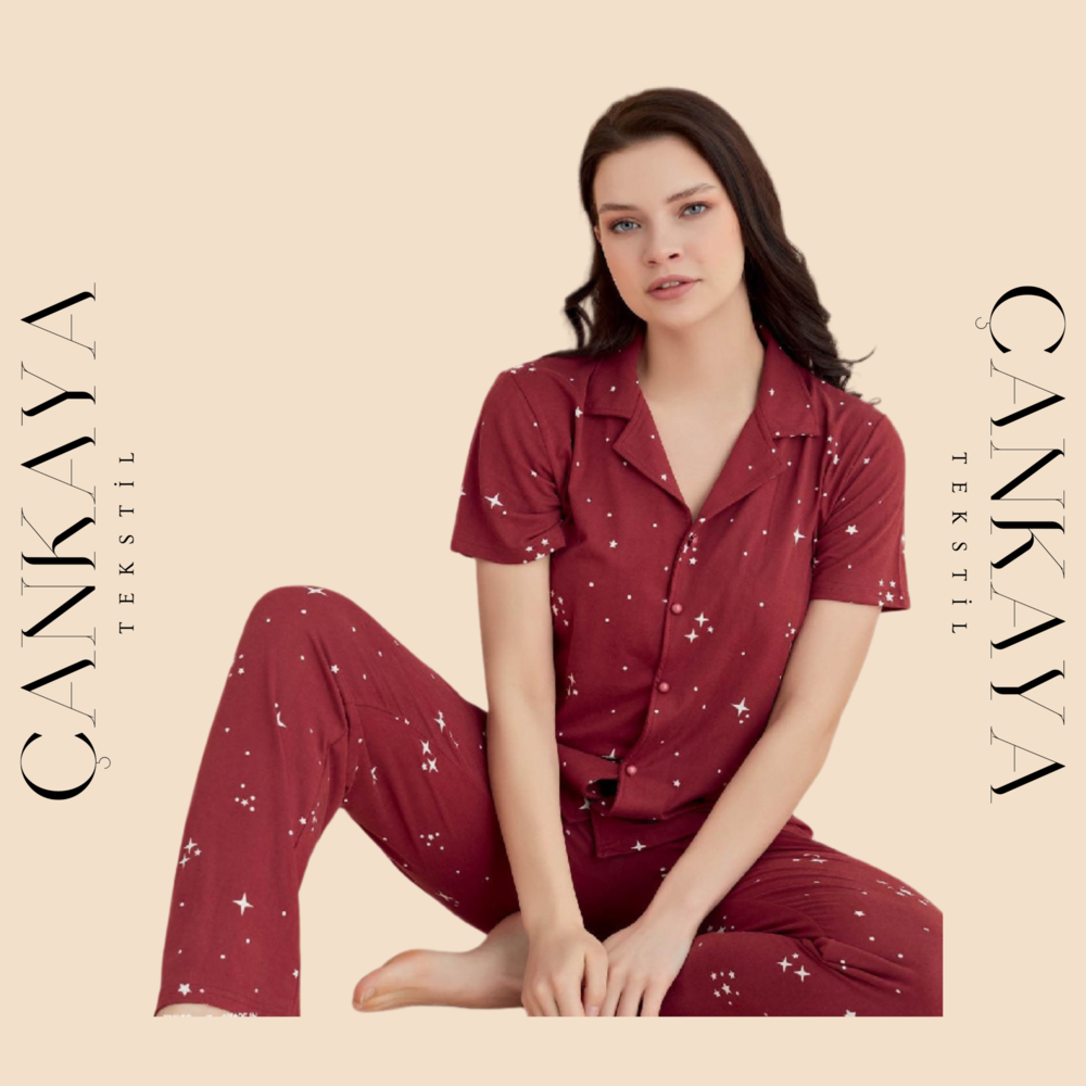 Bordo Bayan Düğmeli Pijama Takımı