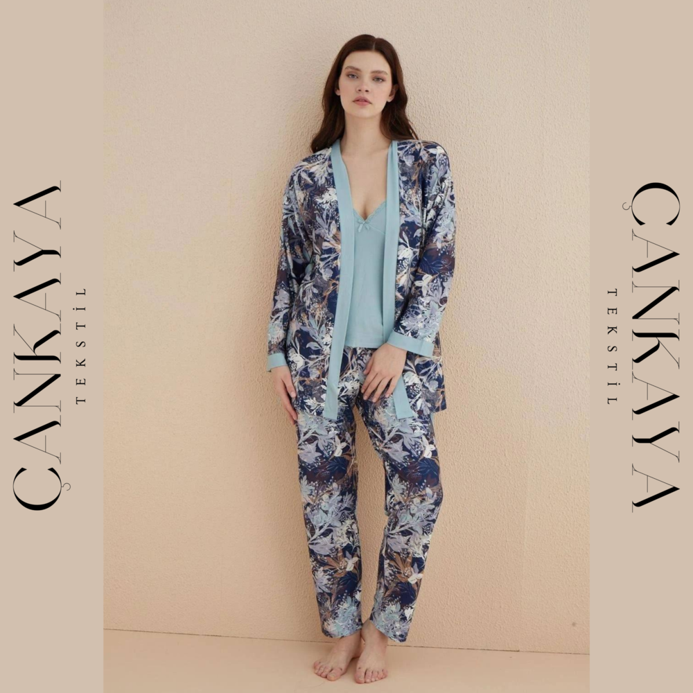  Yeni Sezon Koyu Yeşil Desenli Bayan Pijama Takımı