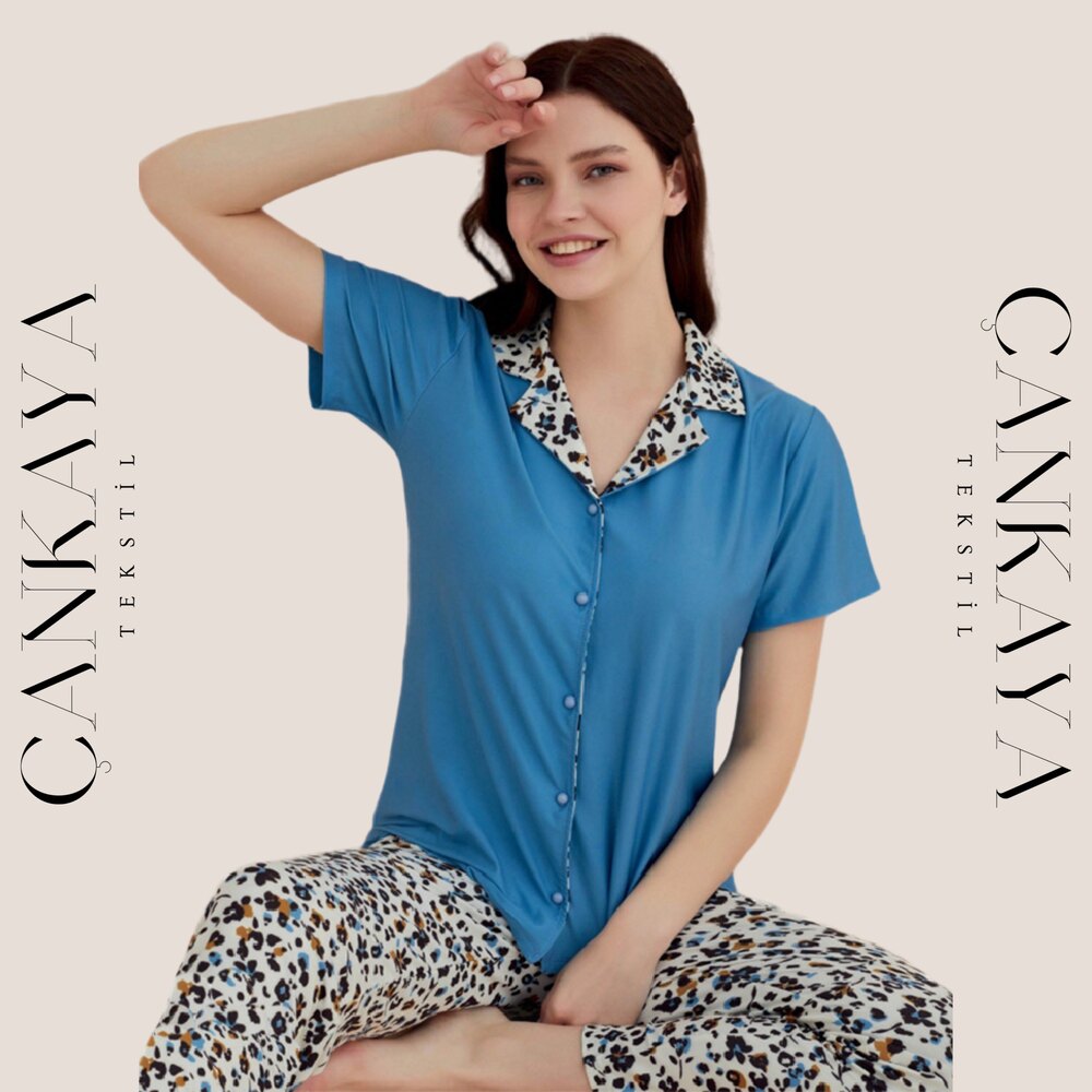 Mavi Leopar Desenli Pijama Takımı