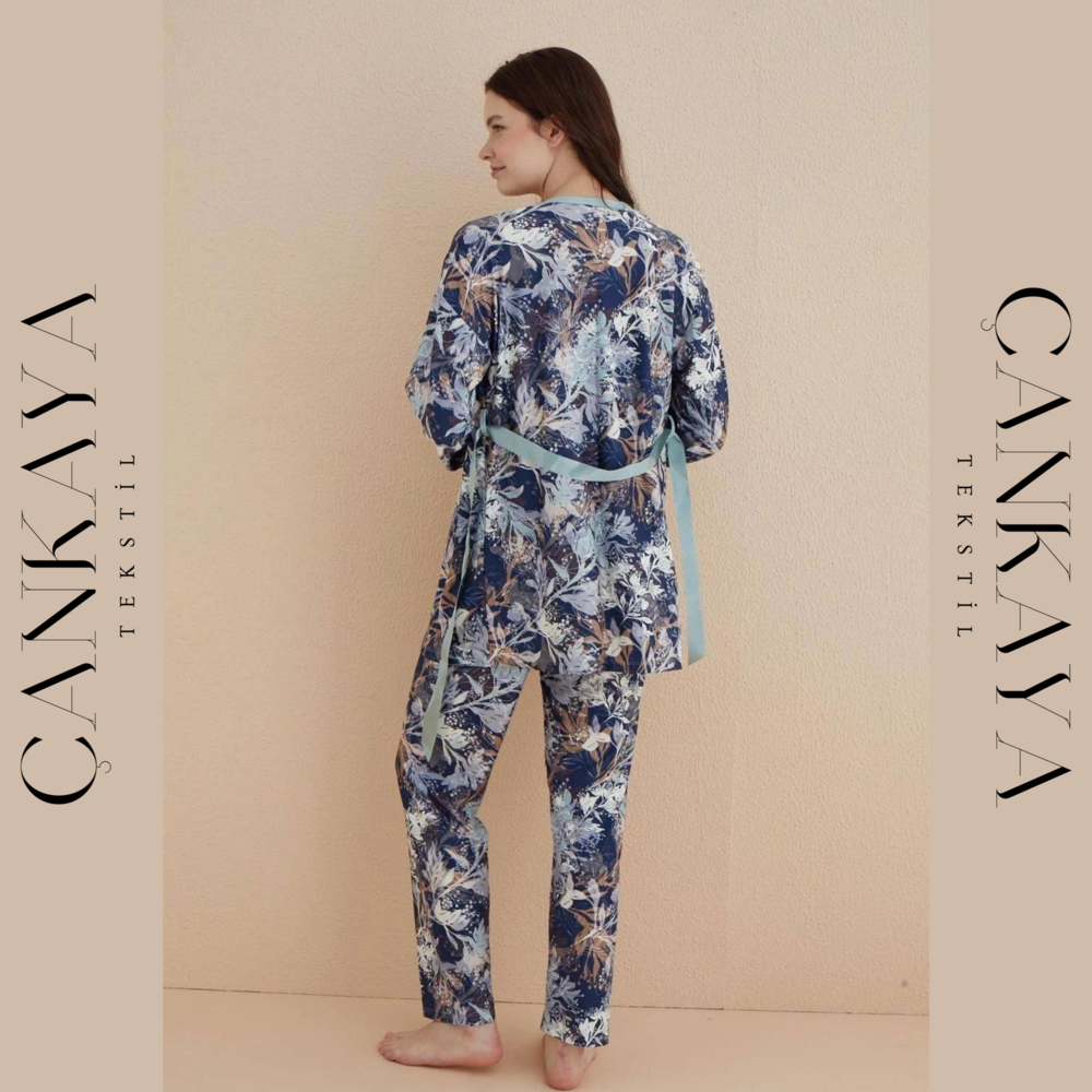  Yeni Sezon Koyu Yeşil Desenli Bayan Pijama Takımı