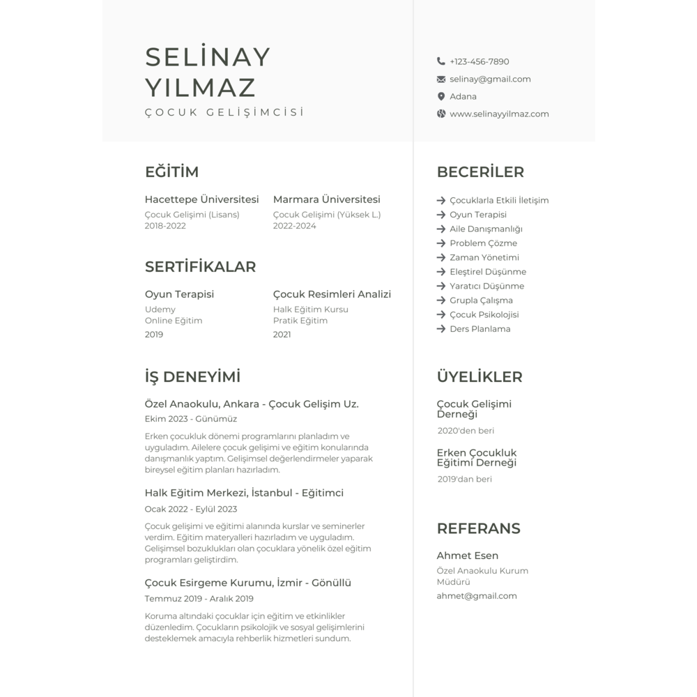 Deneyimsiz Çocuk Gelişimcisi CV Şablonu