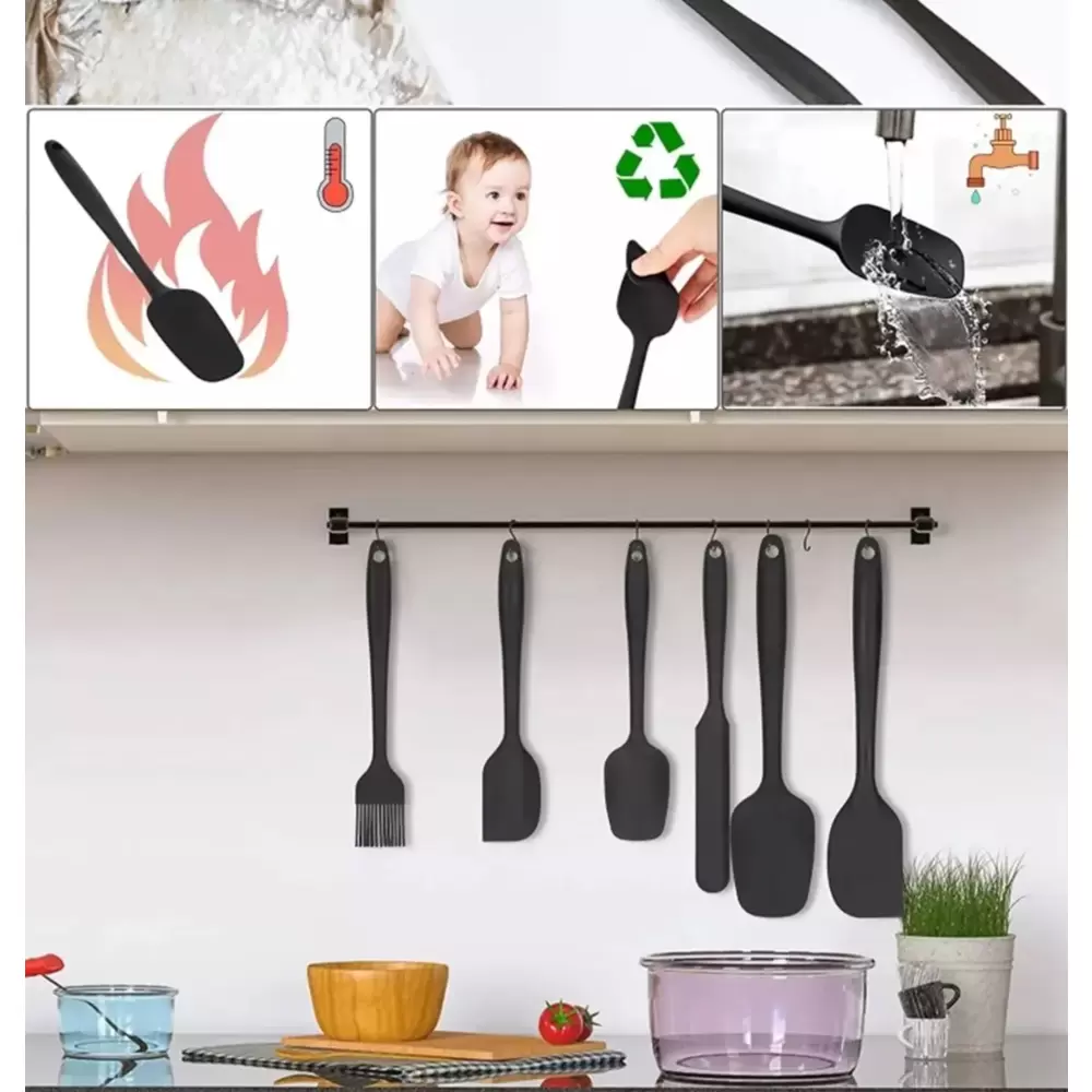 Drongo Isıya Dayanıklı Yanmaz Yapışmaz Silikon Spatula Seti 6 Parça Siyah