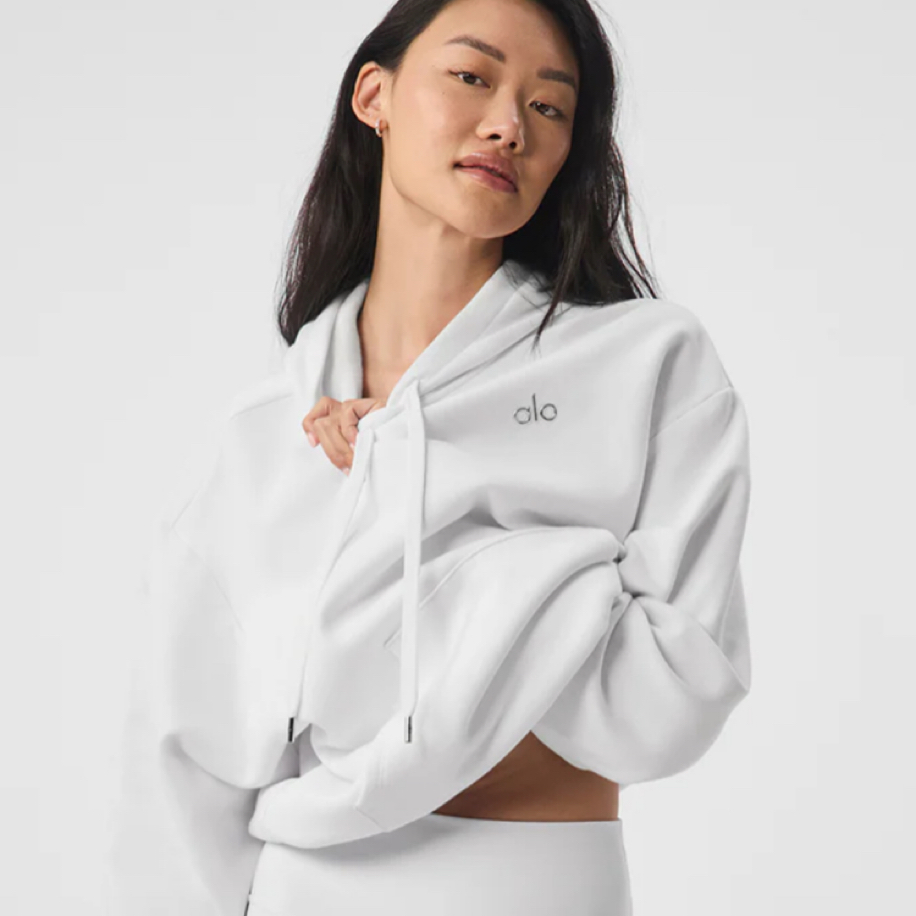Alo yoga beyaz kapüşonlu hoodie sweatshirt | EASTFRANCE