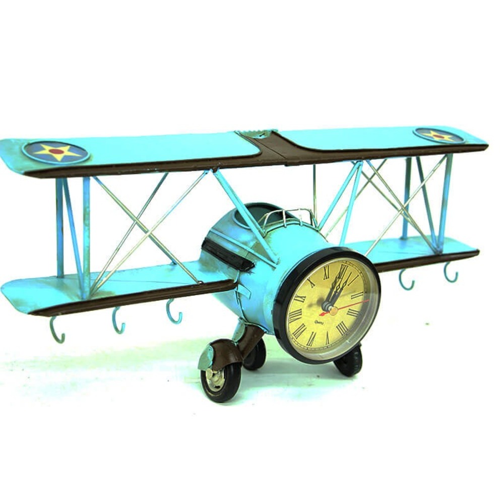 Vintage Eskitme Askılıklı ve Saatli Metal Uçak 42cm