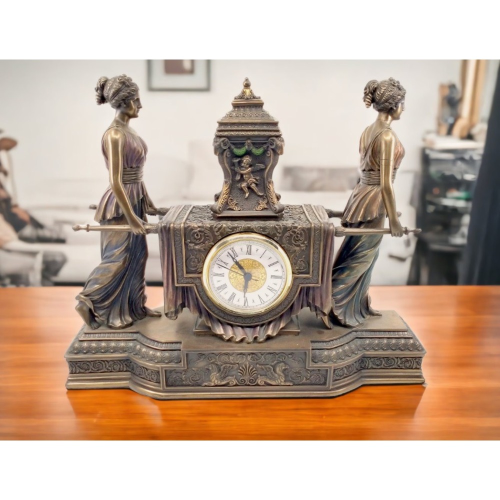 Veronese Bronz Renk Mitolojik Figürlü Barok Masa Saati 36Cm