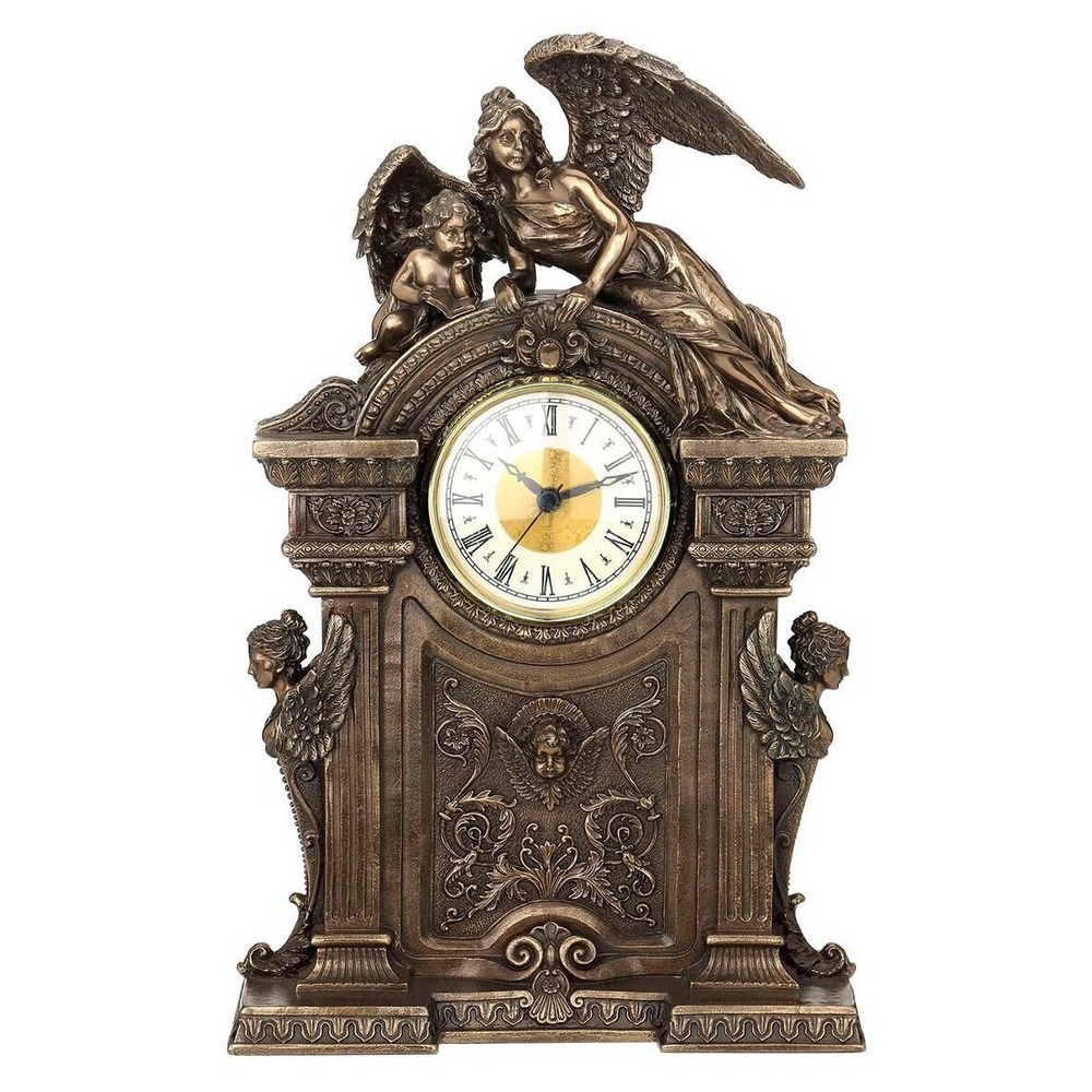 Veronese Bronz Tonlu Kanatlı Melek Detaylı Masa Saati 32Cm