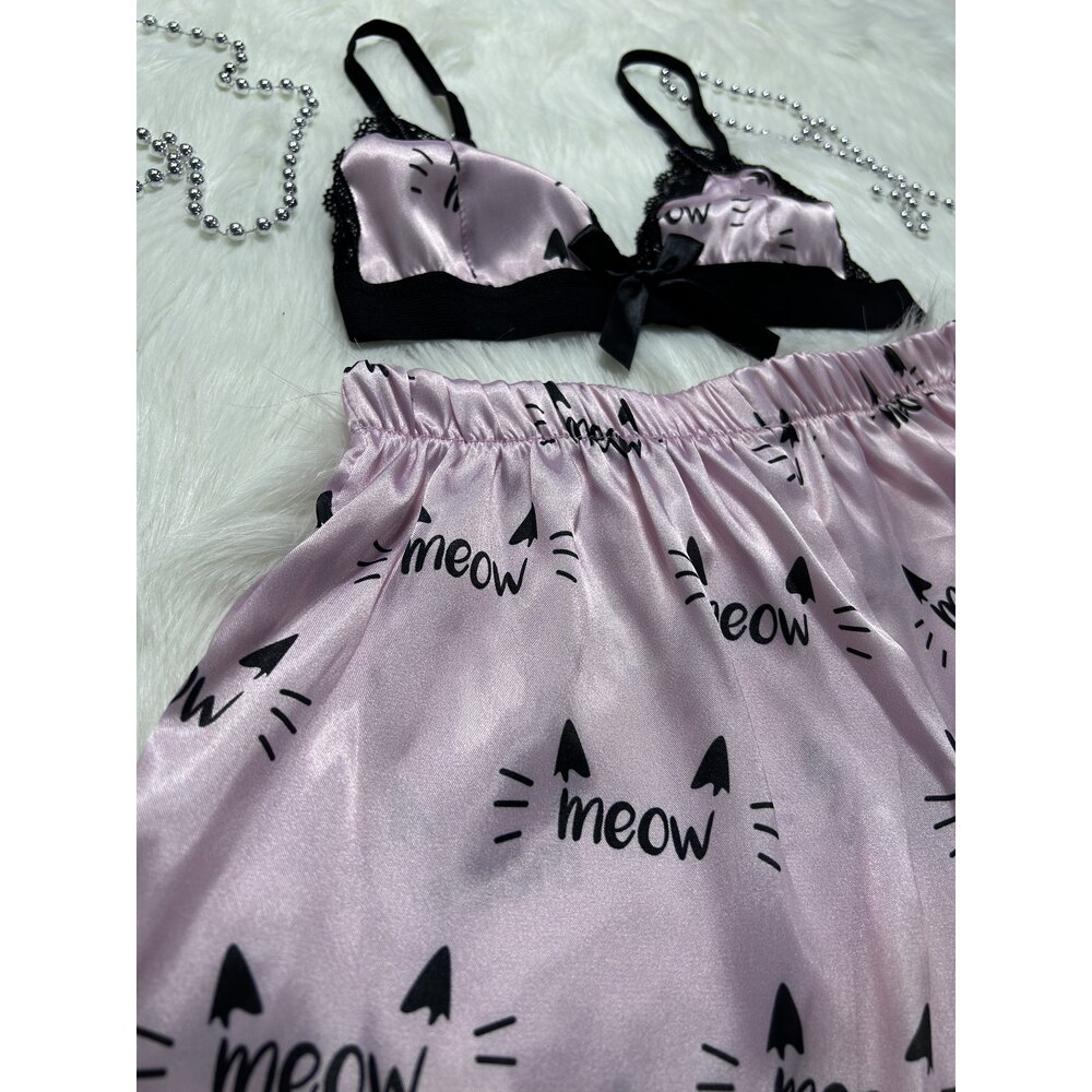 PEMBE SATEN DESENLİ ŞORTLU BRALET TAKIM