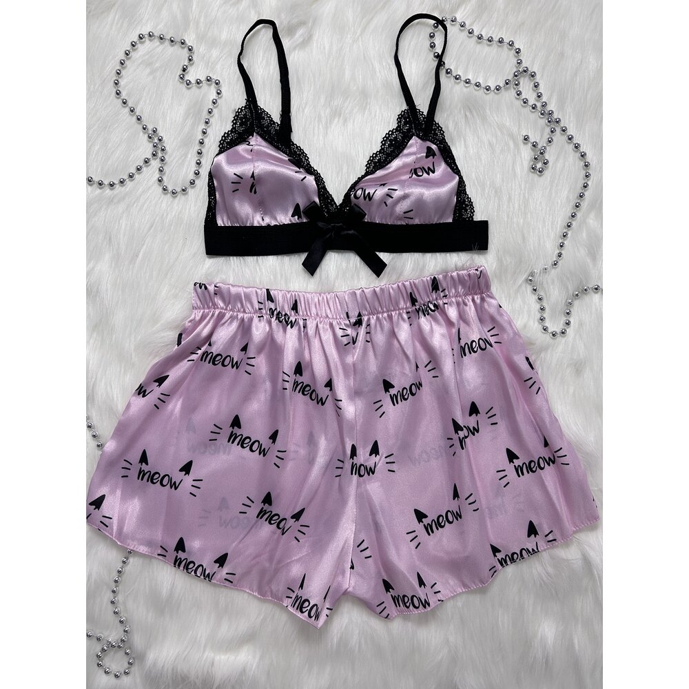 PEMBE SATEN DESENLİ ŞORTLU BRALET TAKIM
