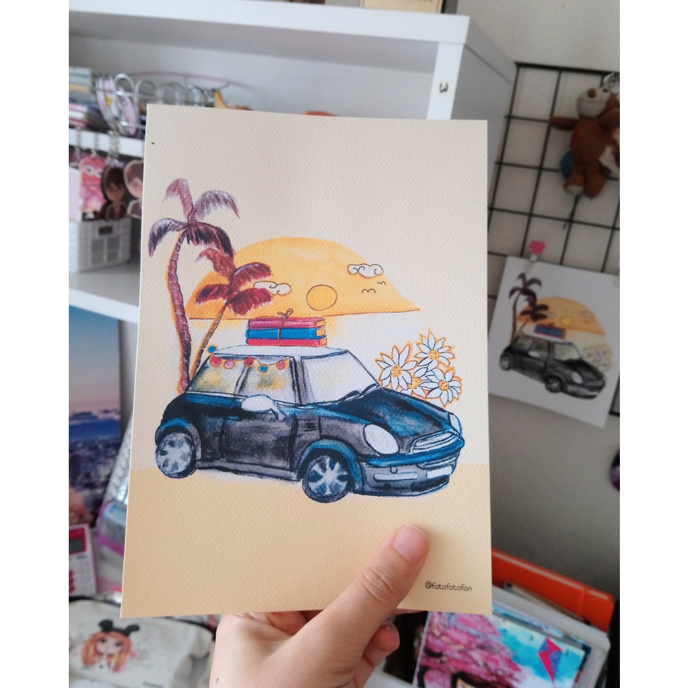 Minicooper ile Gün batımı Orjinal Sanatsal Baskı A5 