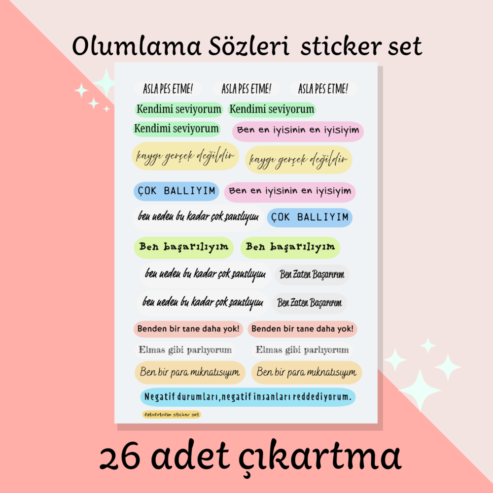 Olumlama Sticker set 26 adet çıkartma 