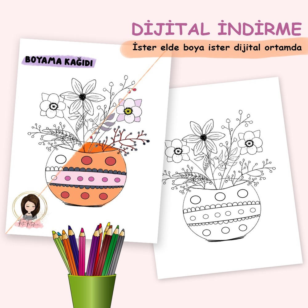 Dijital İndirme Çiçek Vazo Hobi Boyama Sayfası