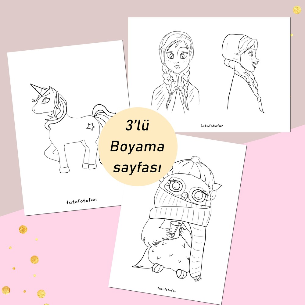  3'lü Unicorn,Gonca Baykuş ve Kırmızı Başlıklı Kız Boyama Sayfası Çocuklar için