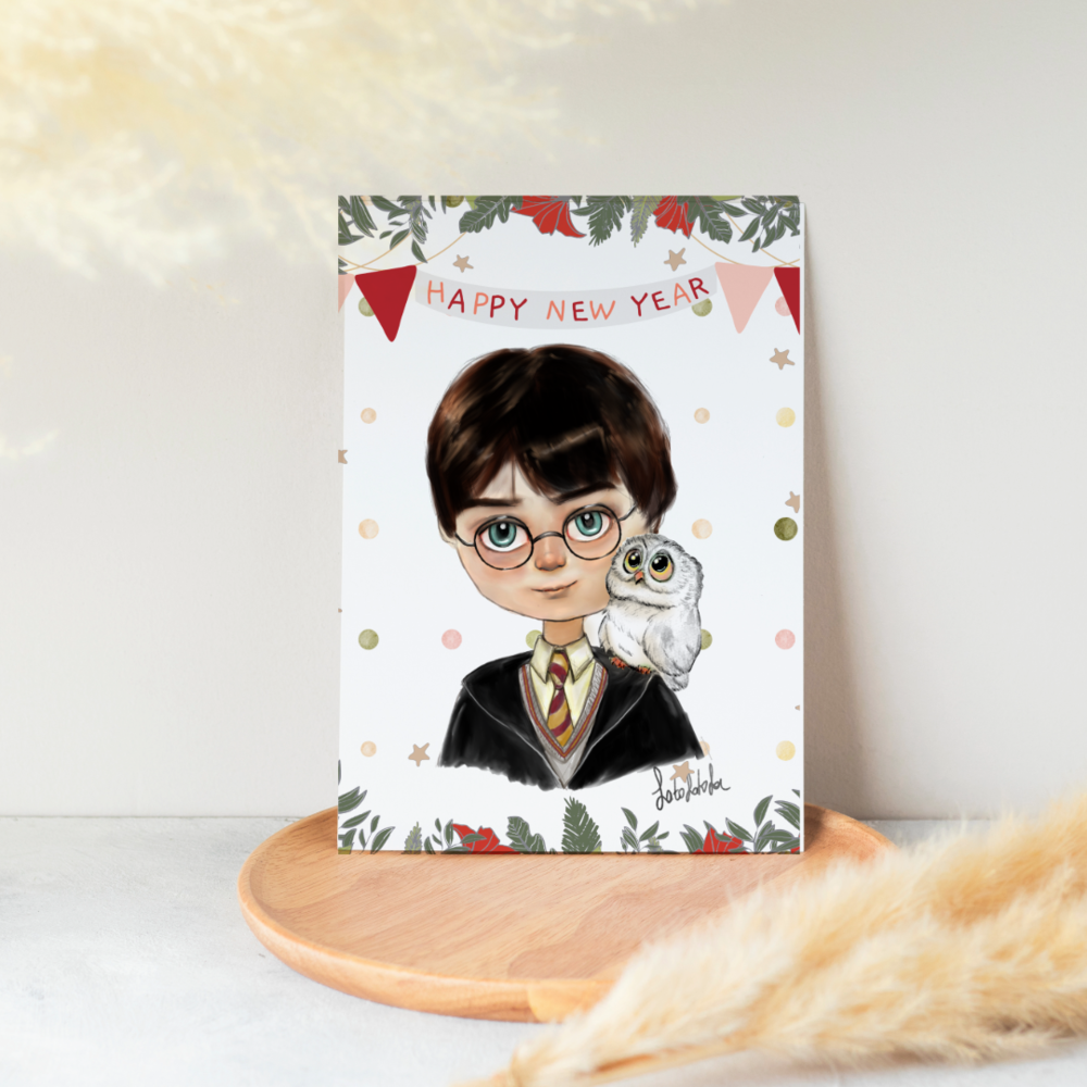 Simli Harry Potter Çizimli Yılbaşı Kartları 2'li