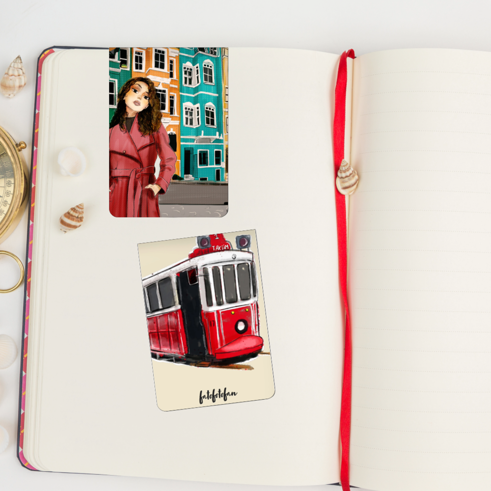 İstanbul Balat Kızı Çizimli İkili Mıknatıslı Kitap Ayracı,Tramvay