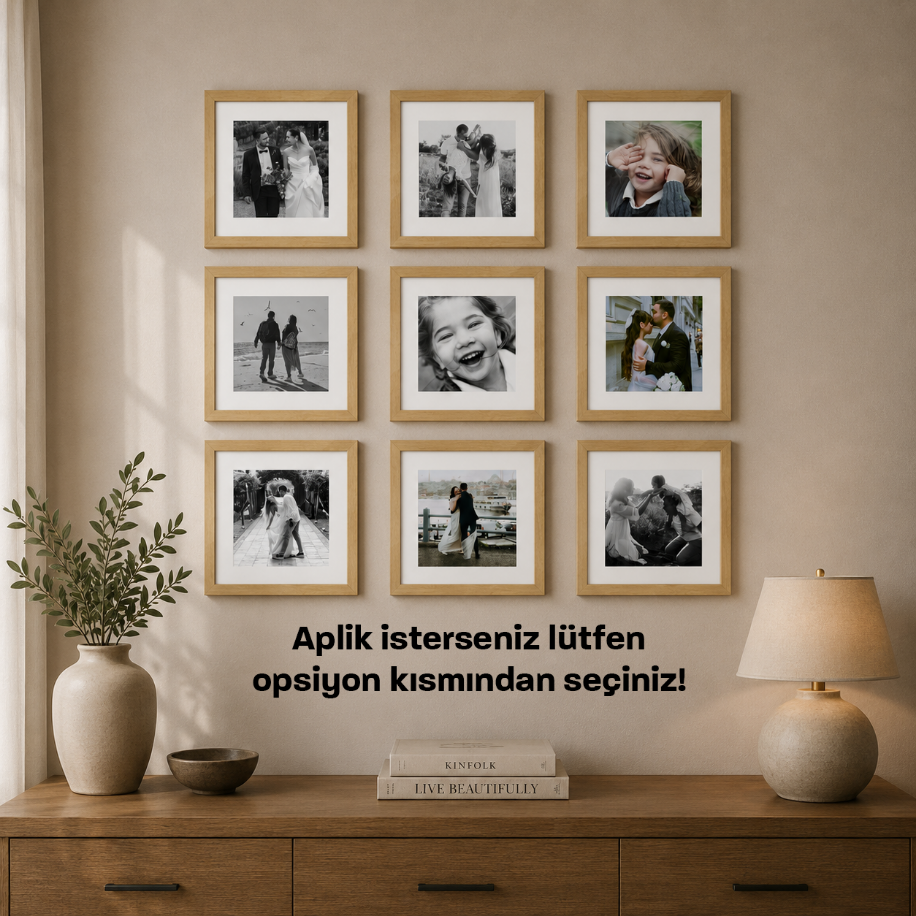 9 adet 20x20 Ahşap Desenli Kare Çerçeve - Fotoğraf Baskısı Hediye