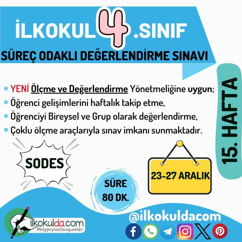 4. Sınıf 15. Hafta (23-27 Aralık) Süreç Değerlendirme Sınavı (SODES)