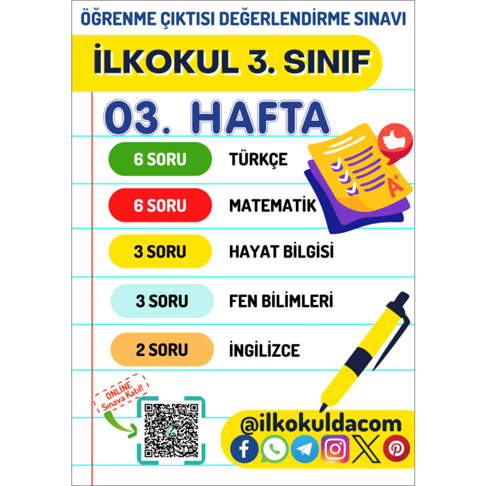 3. Sınıf 03. Hafta (23-27 Eylül) Öğrenme Çıktısı Sınavı (ÖÇS)