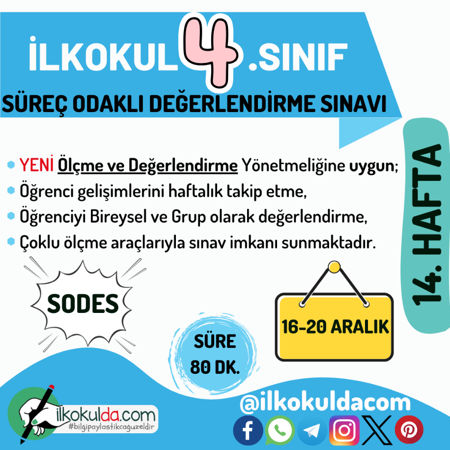 4. Sınıf 14. Hafta (16-20 Aralık) Süreç Değerlendirme Sınavı (SODES)