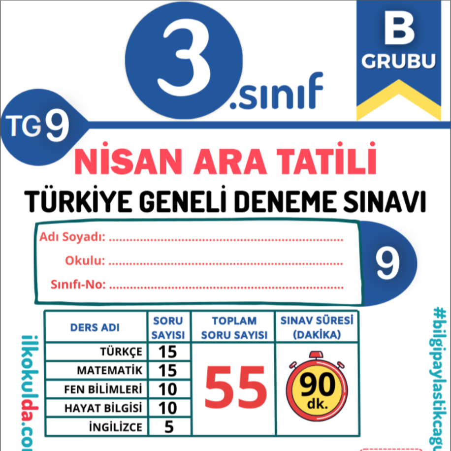 3. Sınıf Nisan Ara Tatili PDF Türkiye Geneli Deneme Sınavı (TG-9)