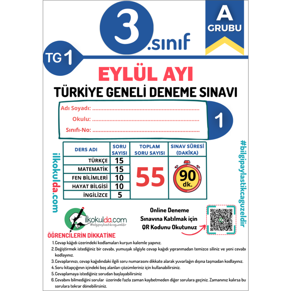 3. Sınıf Eylül Ayı Türkiye Geneli Deneme Sınavı (TG-1)