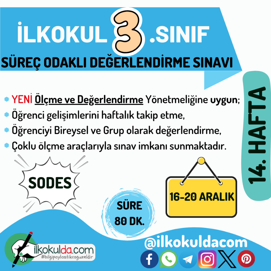 3. Sınıf 14. Hafta (16-20 Aralık) Süreç Değerlendirme Sınavı (SODES)