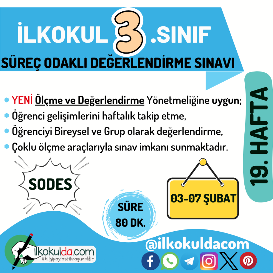 3. Sınıf 19. Hafta (03-07 Şubat) Süreç Değerlendirme Sınavı (SODES)