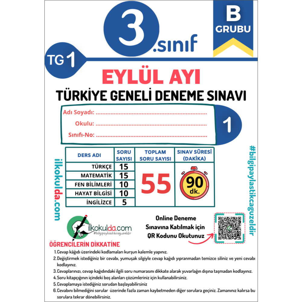 3. Sınıf Eylül Ayı Türkiye Geneli Deneme Sınavı (TG-1)