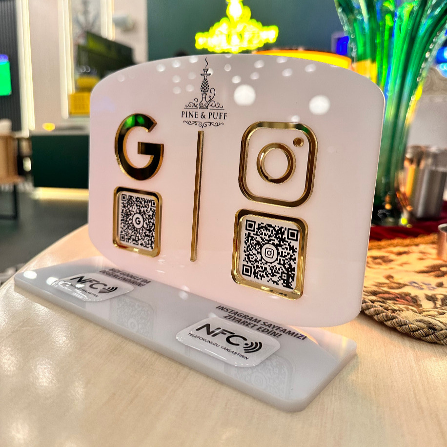 Çift QR & NFC Özellikli PleksiGlass Stant Yatay Oval Tasarımlı