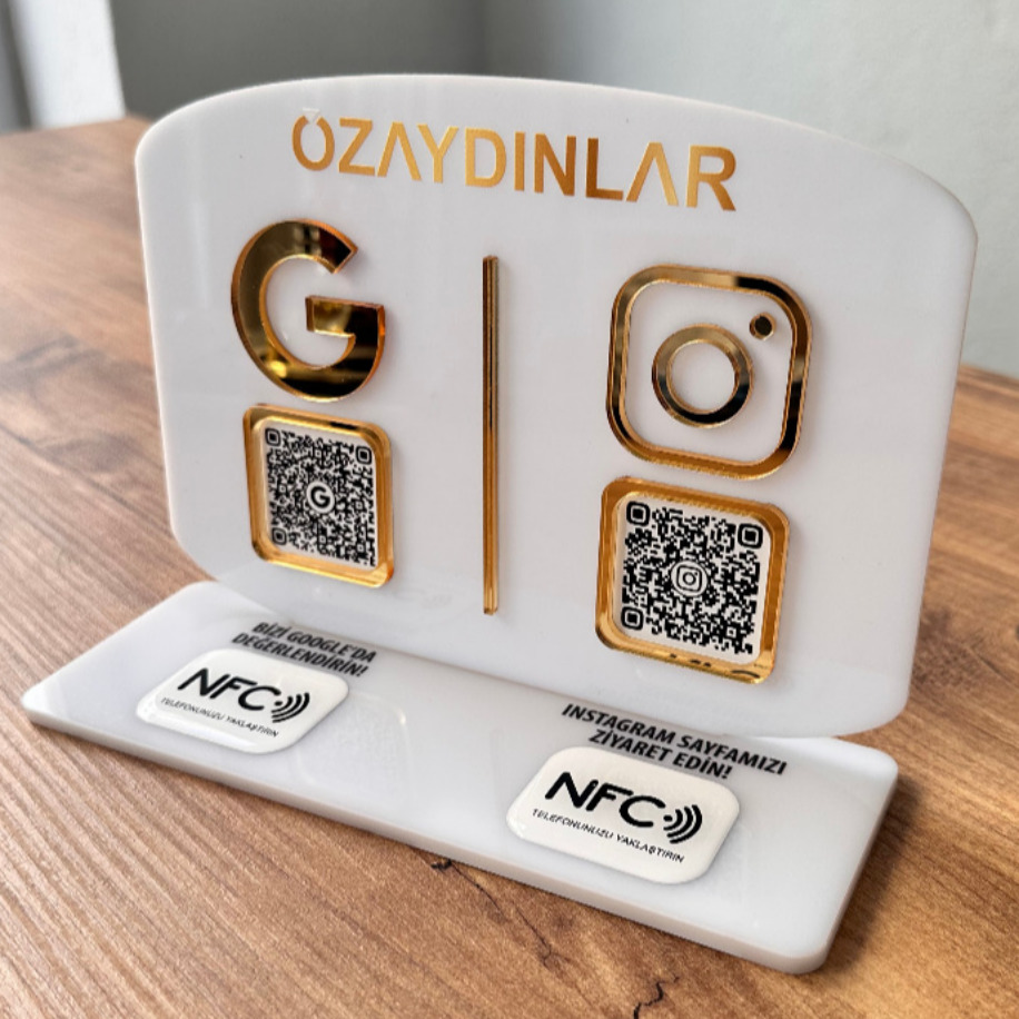 Çift QR & NFC Özellikli PleksiGlass Stant Yatay Oval Tasarımlı