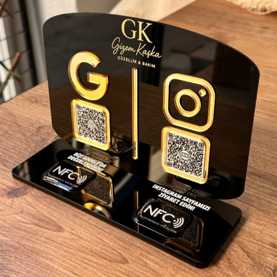 Çift QR & NFC Özellikli PleksiGlass Stant Yatay Oval Tasarımlı