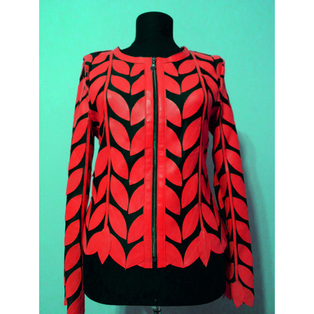 Round Neck Red Leather Leaf Womens Jacket [Design 11]