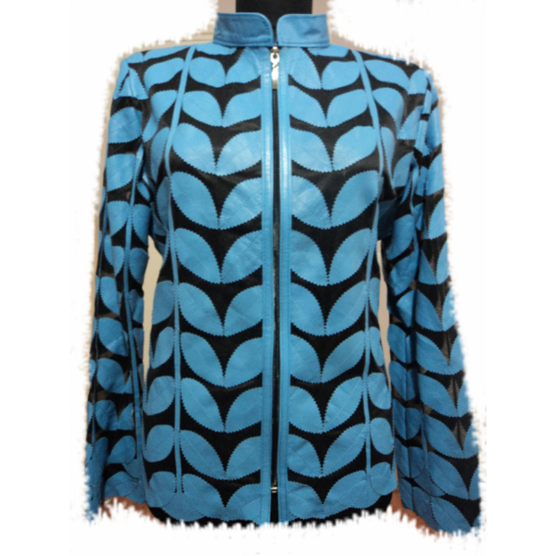 Light Ice Baby Blue Women Leather Leaf Jacket [Design 01]