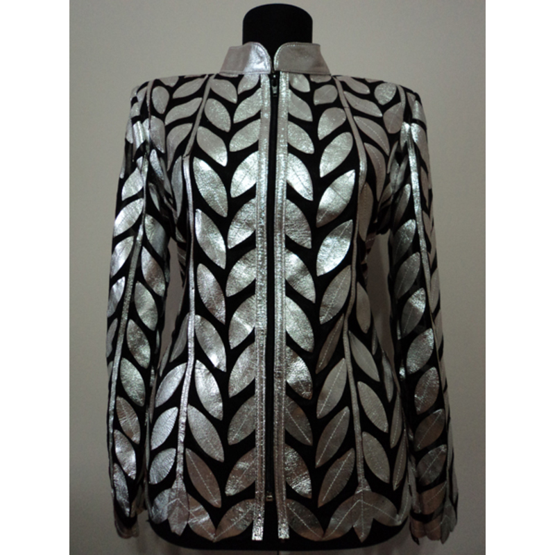 Plus Size Silver Gray Leather Leaf Woman Jacket [Design 04]