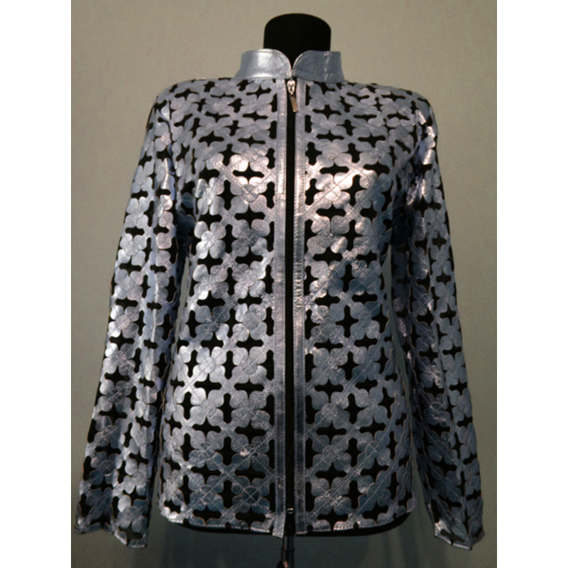 Plus Size Silver Gray Leather Leaf Jacket for Woman [Design 06]