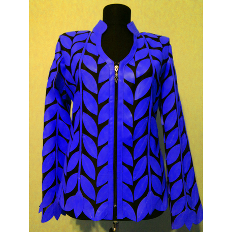 V Neck Blue Leather Womens Leaf Jacket [Design 08]