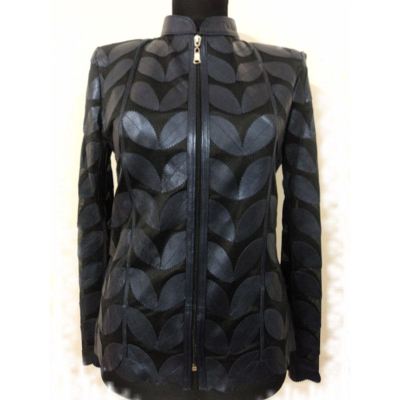 Plus Size Navy Blue Leather Leaf Jacket Women [Design 01]