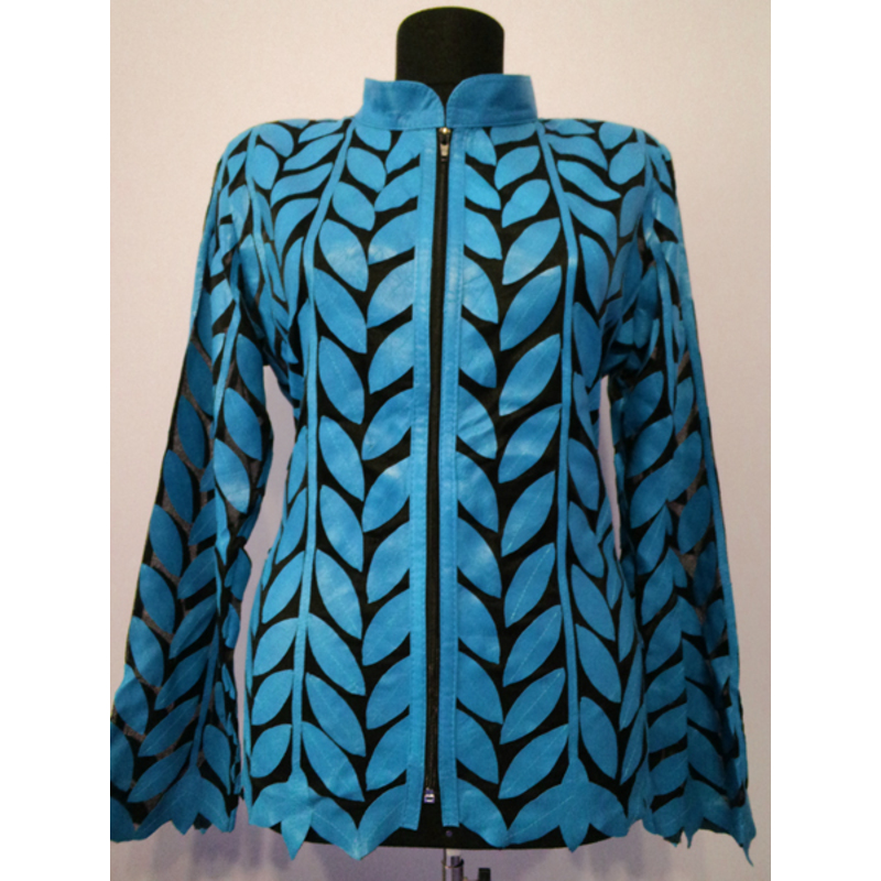 Plus Size Ice Baby Blue Leather Leaf Women Jacket [Design 04]