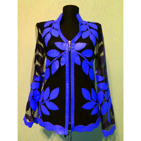 V Neck Blue Leather Leaf Women Jacket [Design 10]