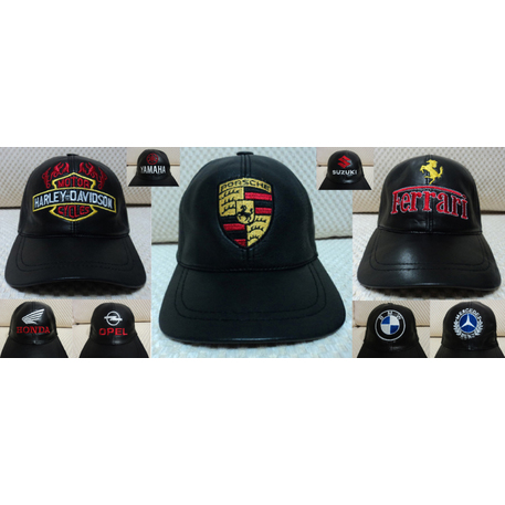 2 Black Leather Hat Cap Baseball Porsche Ferrari Harley Davidson Audi Mercedes Opel Jaguar Bmw