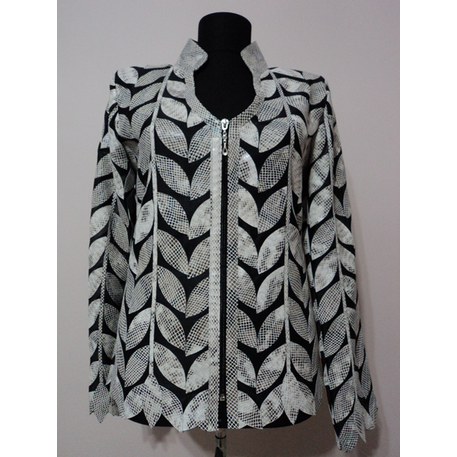 V Neck White Snake Pattern Leather Womens Leaf Jacket [Design 08]