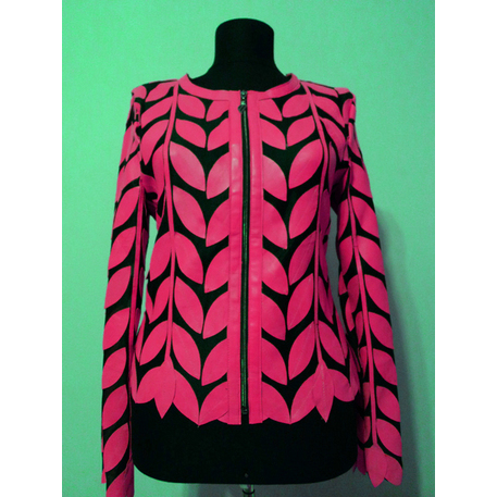 Round Neck Pink Leather Leaf Womens Jacket [Design 11]