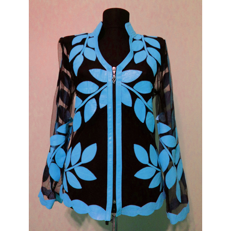 V Neck Light Blue Leather Leaf Women Jacket [Design 10]