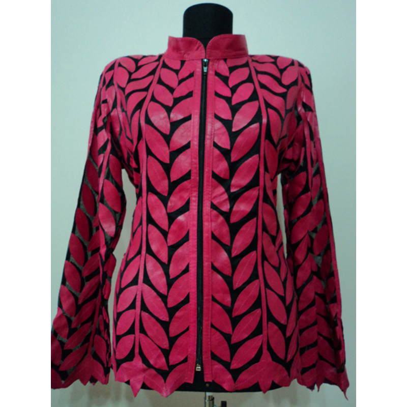 Plus Size Pink Leather Leaf Women Jacket [Design 04]