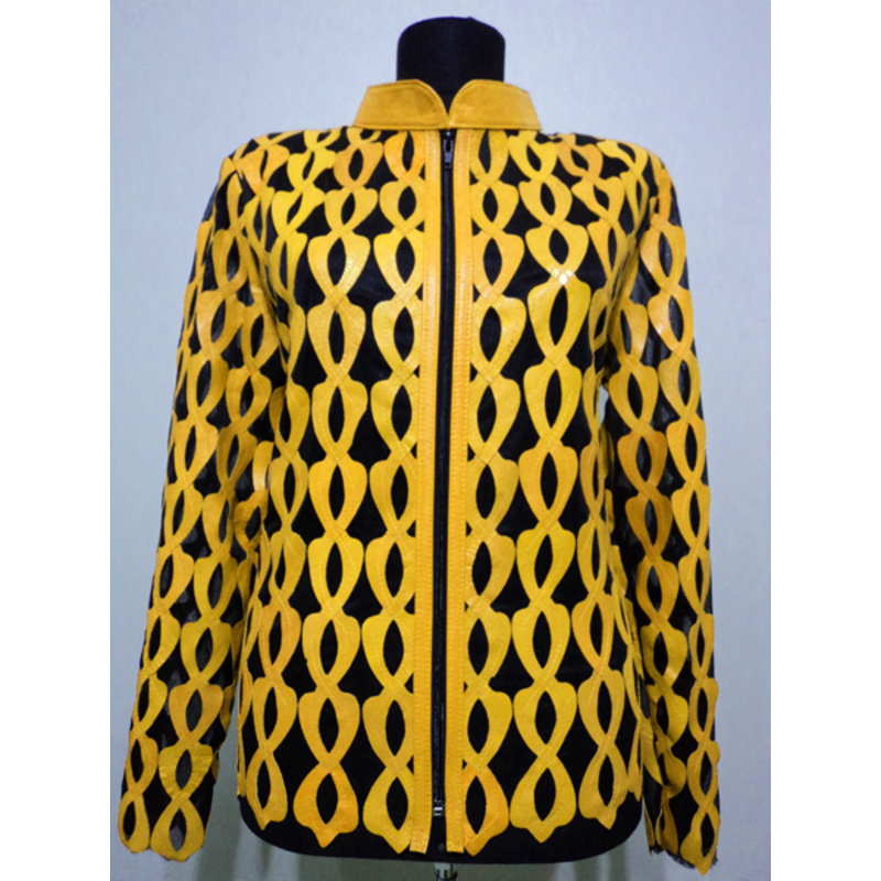 Plus Size Yellow Leather Leaf Jacket for Woman [Design 05]