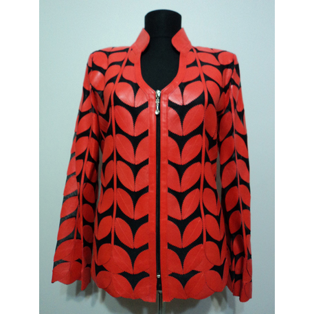 V Neck Red Leather Leaf Woman Jacket [Design 09]